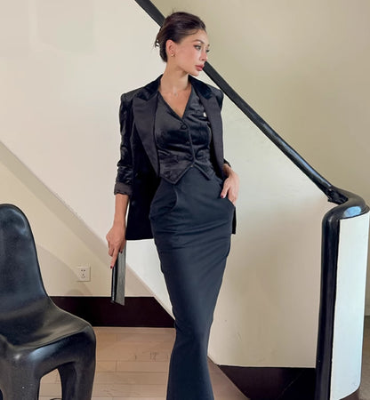 Le Palais Vintage Elegant Retro Black Velvet Stylish Three Piece Suit Set-LISI.