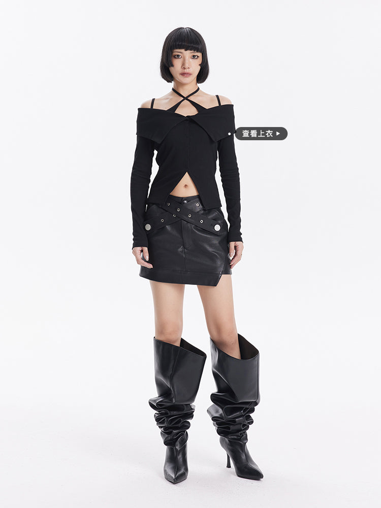TINY IN cross belt pu leather black skirt -DASHY