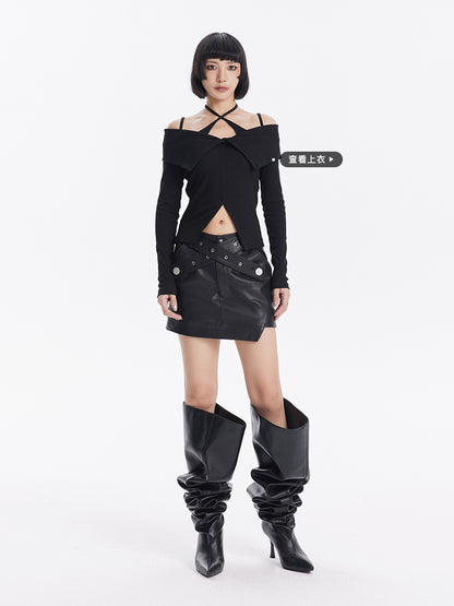 TINY IN cross belt pu leather black skirt -DASHY