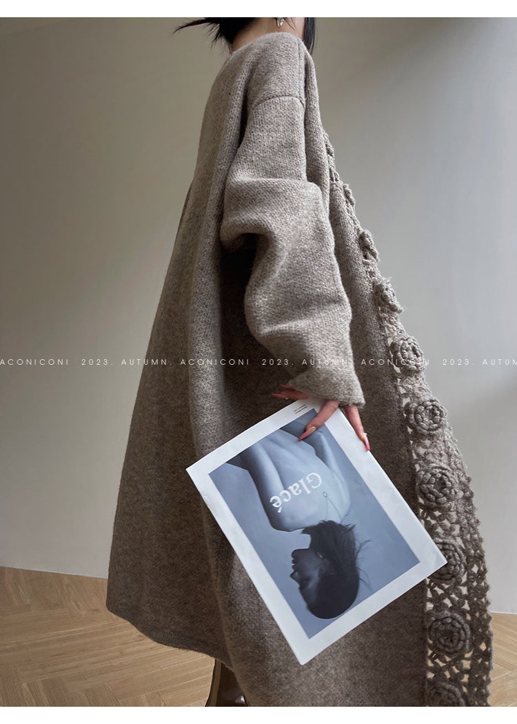 Aconiconi Luxury Loose V-Neck Long Sleeve Crochet Sweater - Camellia in the Fields