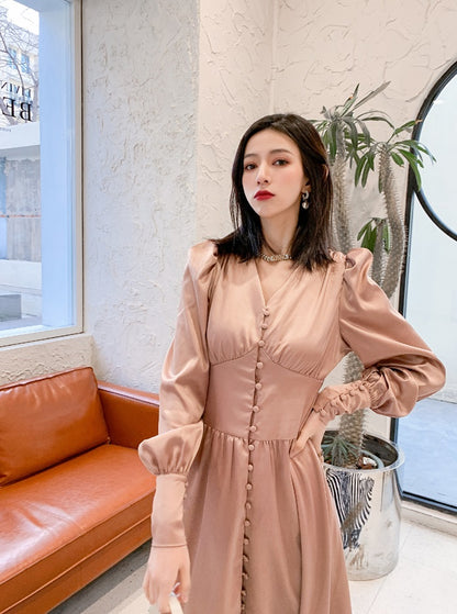 DOLLY Elegant V-Neck Long Lantern Sleeve Long Button Church Dress-NANA