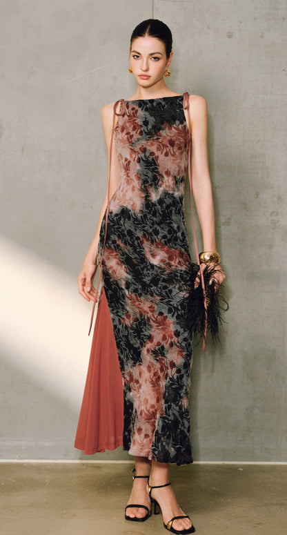 WANGXO | Artistic Ink Smudge Flora Knit Patchwork Contrast Tulle One-Shoulder Fishtail Dress with Flowing Gradient Drama -XINA