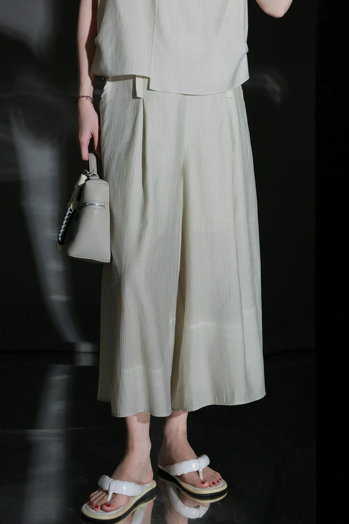 PIAOIN textured linen silk loose wide-leg cropped pants set summer-GISELLE.