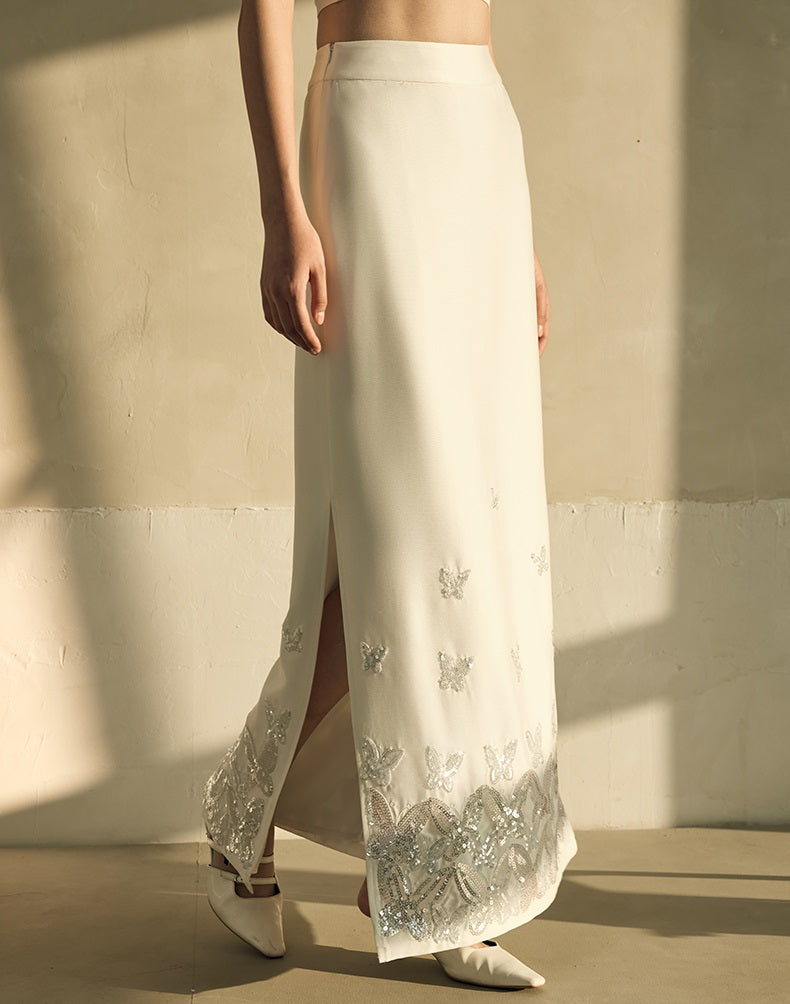 HECO Butterfly Embroidery black white High-waisted Straight Skirt Women - CODE.