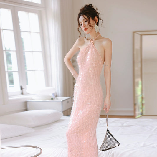 DOLLY Luxury Pink Halter Collar Sleeveless Slim Fit Sexy Halter Dinner Dress-MELODY