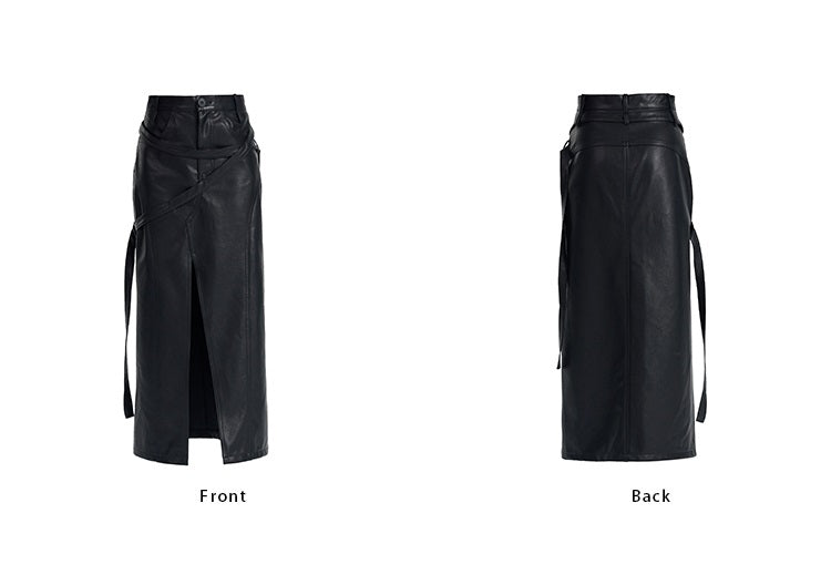 TINY IN black irregular tie women's high waist slit pu leather long skirt -CAM