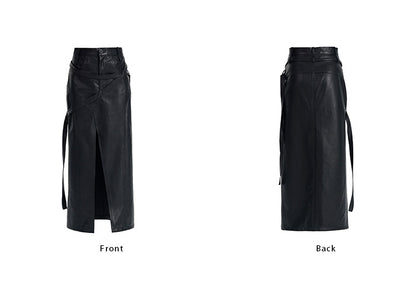 TINY IN black irregular tie women's high waist slit pu leather long skirt -CAM