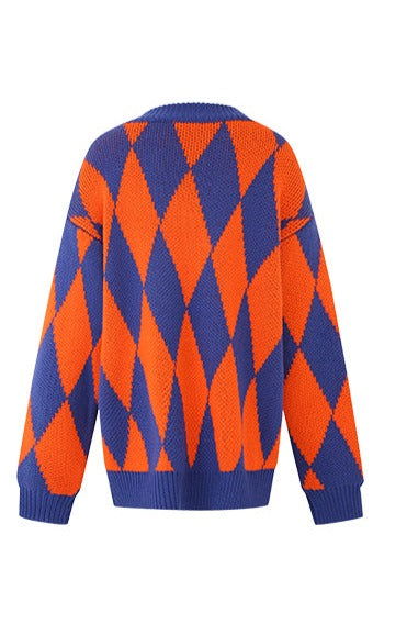 LEDIM W French Fall/Winter Diamond Plaid Loose V-Neck Vintage pullover sweater - cILO