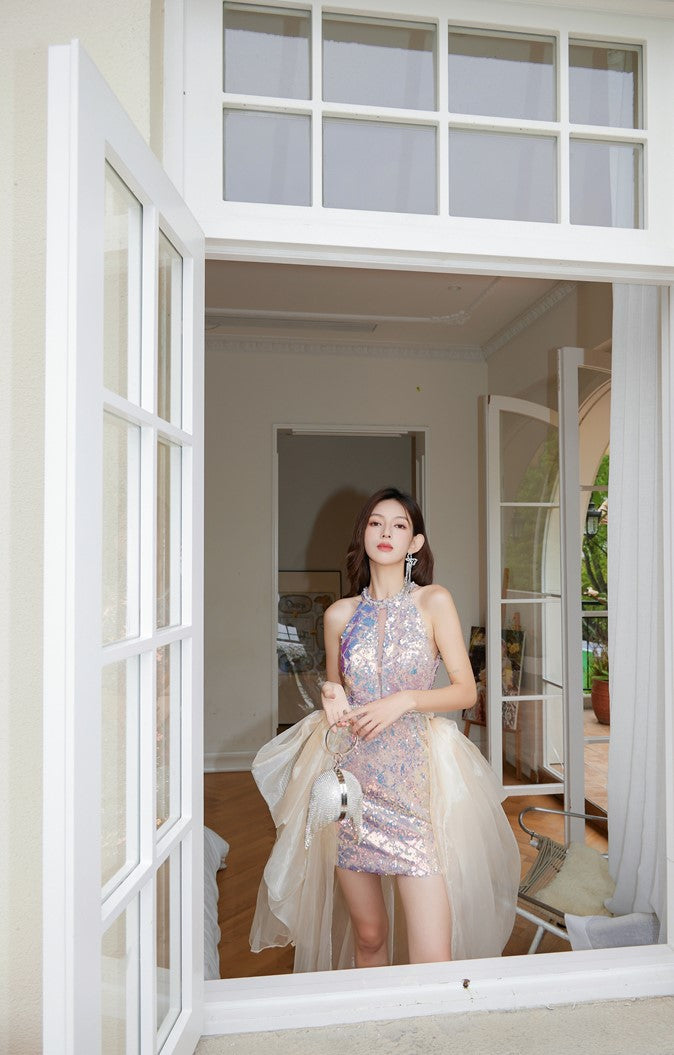 DOLLY High End Rainbow Sleeveless Bright Sequin Halter Neck Party Dress-NELLY