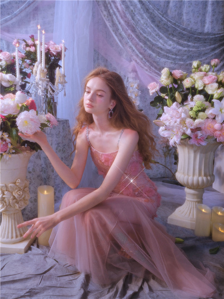 Wardrobes by Chen High End Pink Sleeveless Flower applique Sequin Dress-Bena