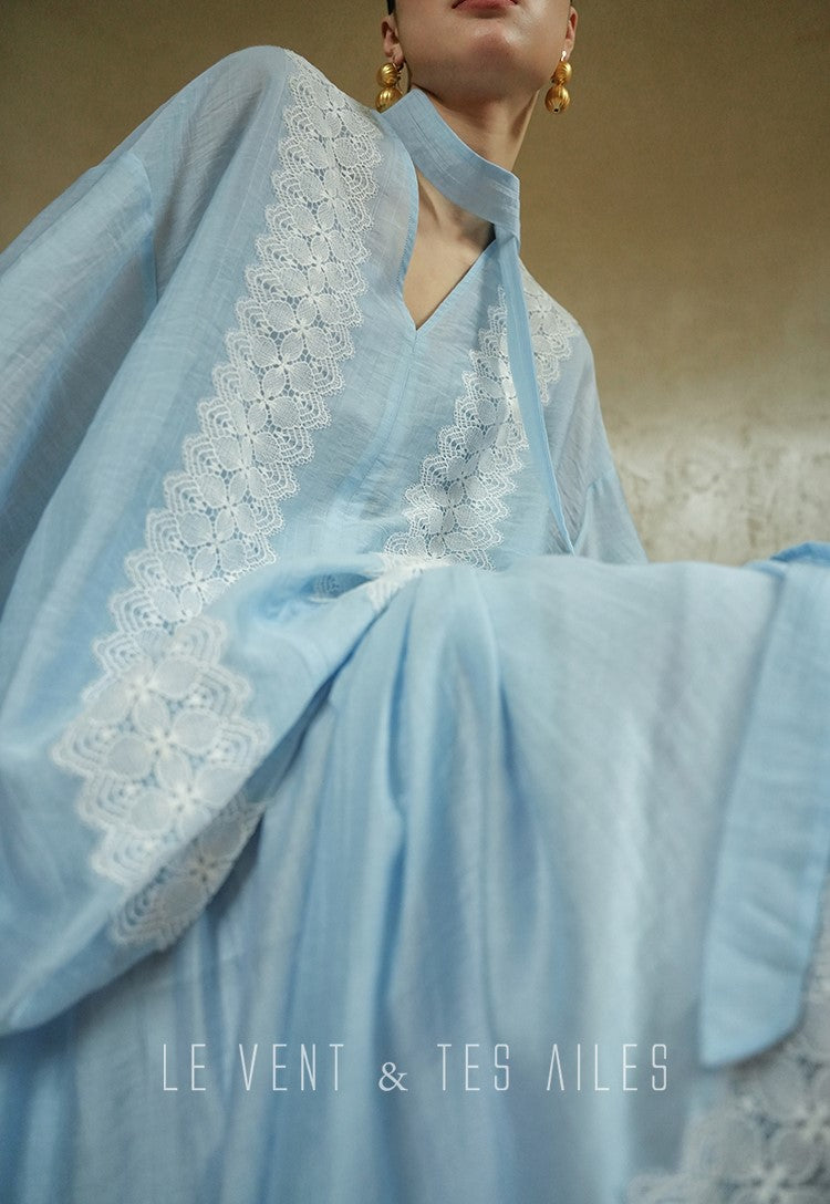 LE VENT&TES AILES pastel blue elegant summer vacation  V-neck shirt skirt set -GWEN