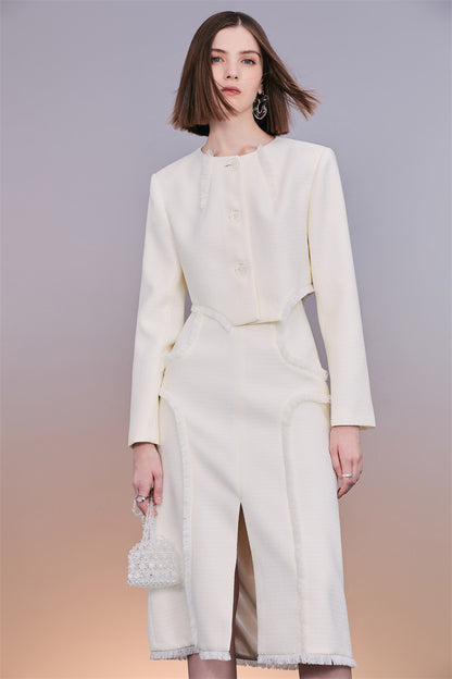 PURITY High-quality off-white tweed fringed coat skirt - Chriselle