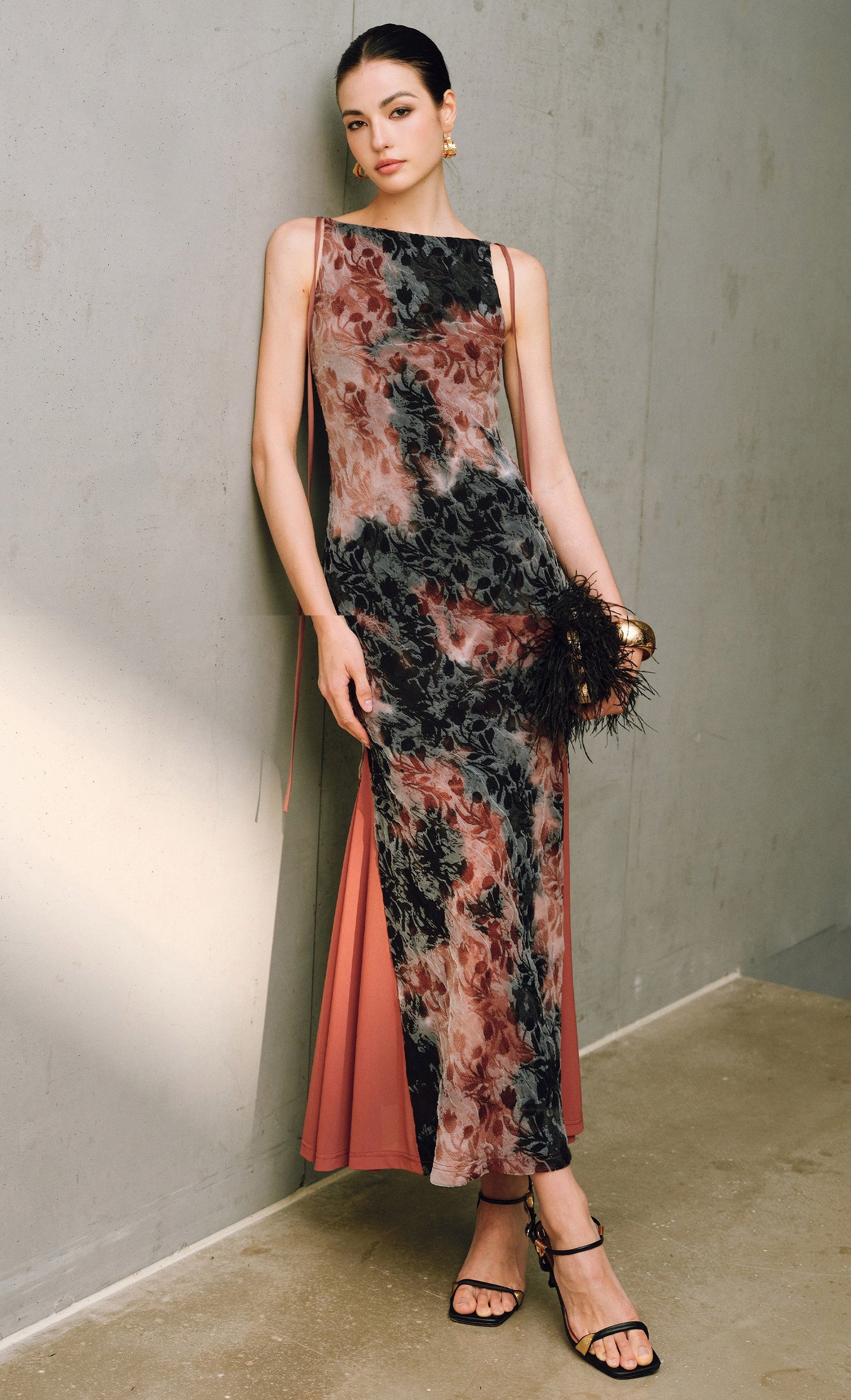 WANGXO | Artistic Ink Smudge Flora Knit Patchwork Contrast Tulle One-Shoulder Fishtail Dress with Flowing Gradient Drama -XINA