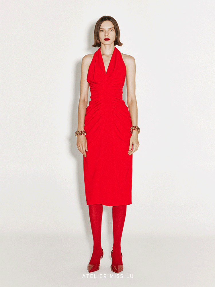 ATELIER MISS LU Fall/Winter ruffled design halterneck backless slim Red dress - STELLA