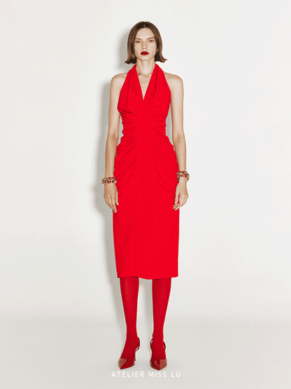 ATELIER MISS LU Fall/Winter ruffled design halterneck backless slim Red dress - STELLA