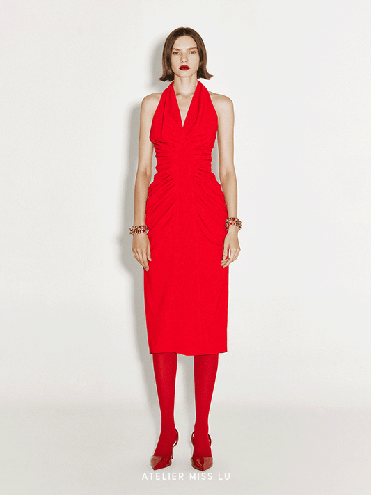 ATELIER MISS LU Fall/Winter ruffled design halterneck backless slim Red dress - STELLA