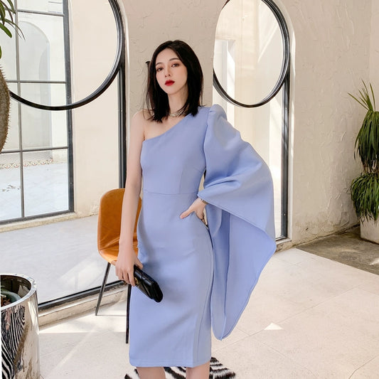 DOLLY Elegant One Shoulder Long Trumpet Sleeve Slim Fit Wedding Guest Dress-MALA