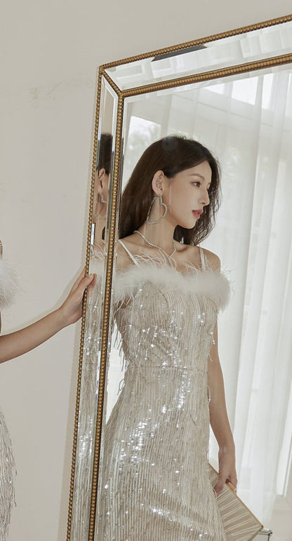 DOLLY Elegant White Sequin Feather Tube Top Fish Tail Slit Cocktail Dress-GINA