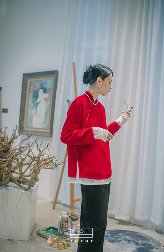 TUYUE silk velvet New Year red improved dressing robe top - TASHA.