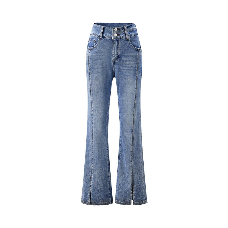 CHICHY French Ladies Blue High-Waisted Hot Diamond Slit Micro Flared Pants-MIJI