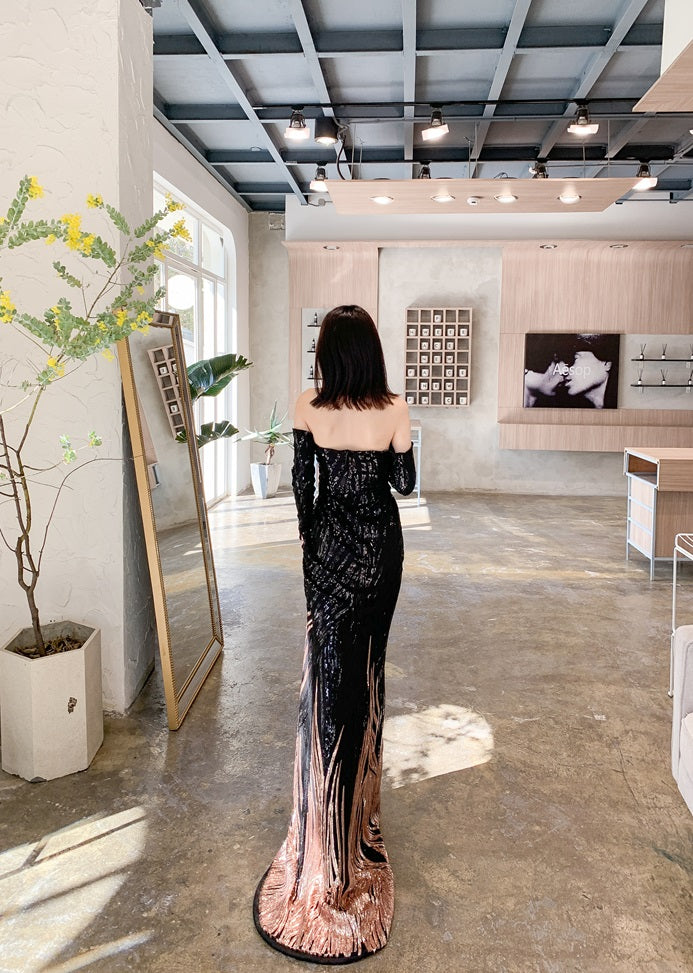 DOLLY High End Black Gold Chest Wrap Long Sleeve Off Shoulder Long Banquet Dress-KANTE