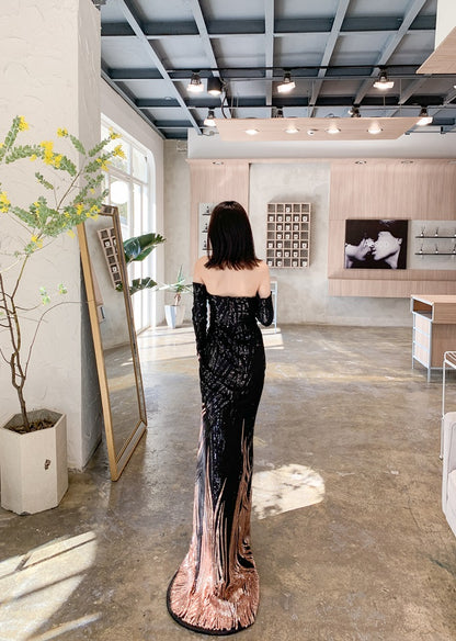 DOLLY High End Black Gold Chest Wrap Long Sleeve Off Shoulder Long Banquet Dress-KANTE