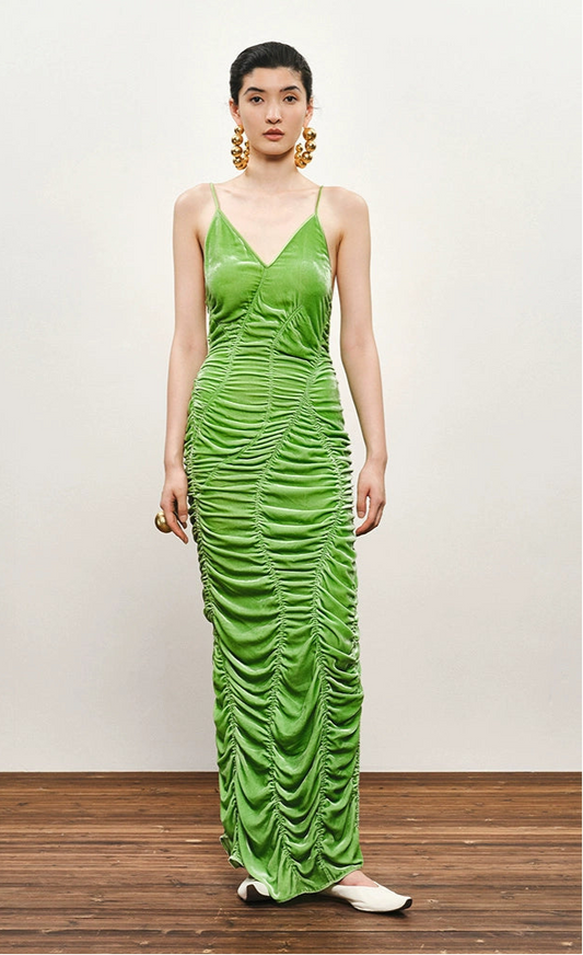 ZHUCHONGYUN Green ruched halter low-cut back silk satin dress-IRUMI.