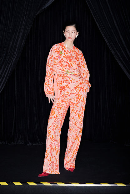 M essential Mackay designer embroidered folded knot orange shirt  Pants set - Lara.