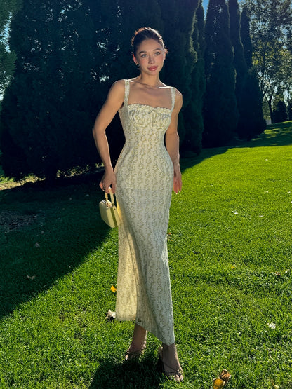 Le Palais Vintage floral goose yellow cotton slim maxi dress-BERRY.