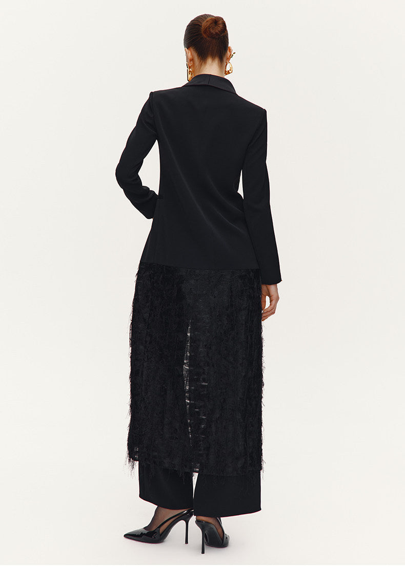 ATELIER MISS LU Slim Fringe Spliced Texture Long Dress Jacket - AMOT