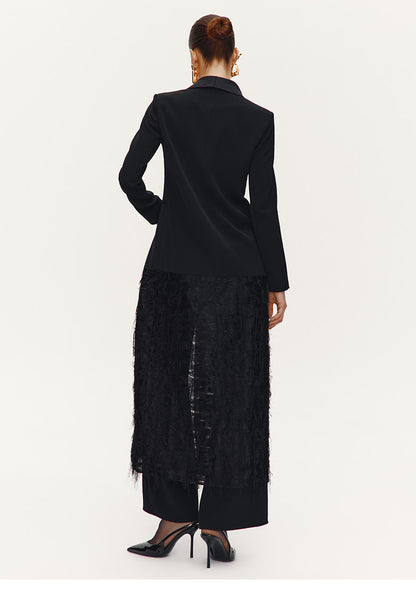 ATELIER MISS LU Slim Fringe Spliced Texture Long Dress Jacket - AMOT