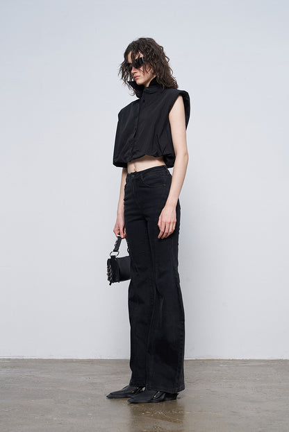 ANNAKIKI Black Wavy Silhouette Slim Denim Wide-Leg Pants-MAPLE