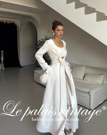 Le Palais Vintage Luxury Soft Slim Plush Drape Wrap  Long White and Pink Dress-Hazel