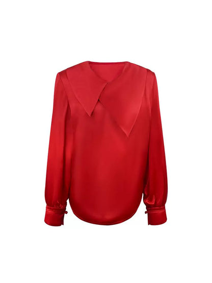 HECO 100% Acetate Long Sleeve red black white Shirt Top Women - glass.