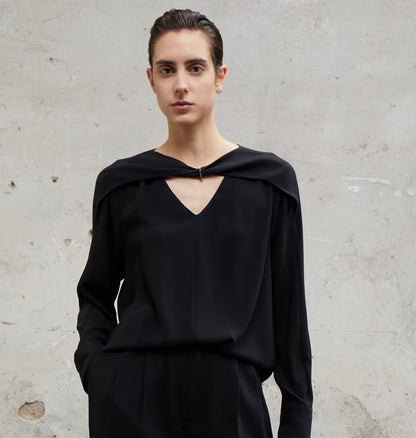 COMME MOI Designer Lu Yan Black Acetate Cutout Design Kink Pleated Shirt - LAINEY.