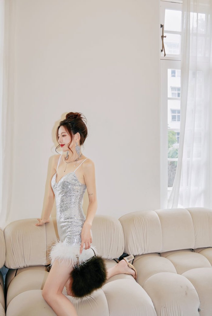 DOLLY Luxury Sliver Sleeveless Sequin Feather Suspender Slim Fit Party Dress-AADHIRA