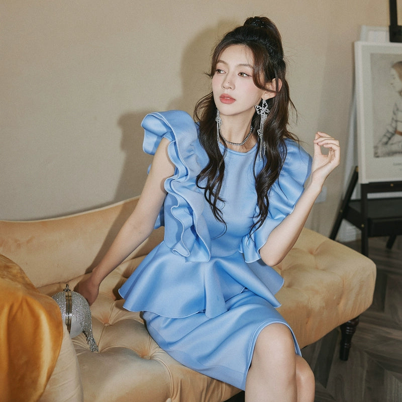 DOLLY High End Blue Crew Nek Ruffled Flying Sleeve Midi Office Dress-BELLONA