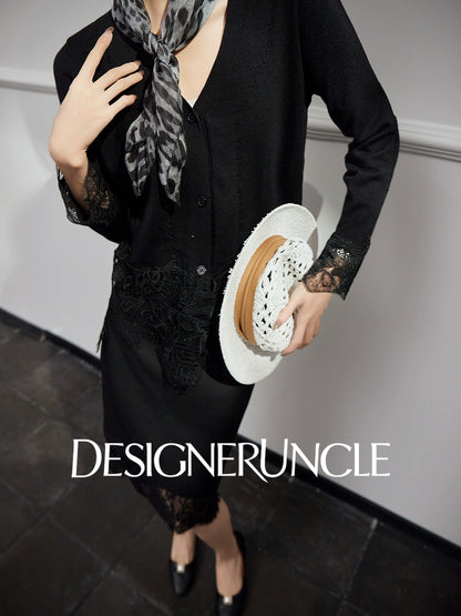 DGU Black Suit V-Neck Lace Patchwork Dress Knitted Top Two-Piece Set - FIRE.
