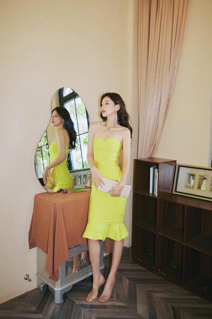 DOLLY Elegant Yellow Off Shoulder Tube Top Slim Fit Knitted Fish Tail Dress-PONA