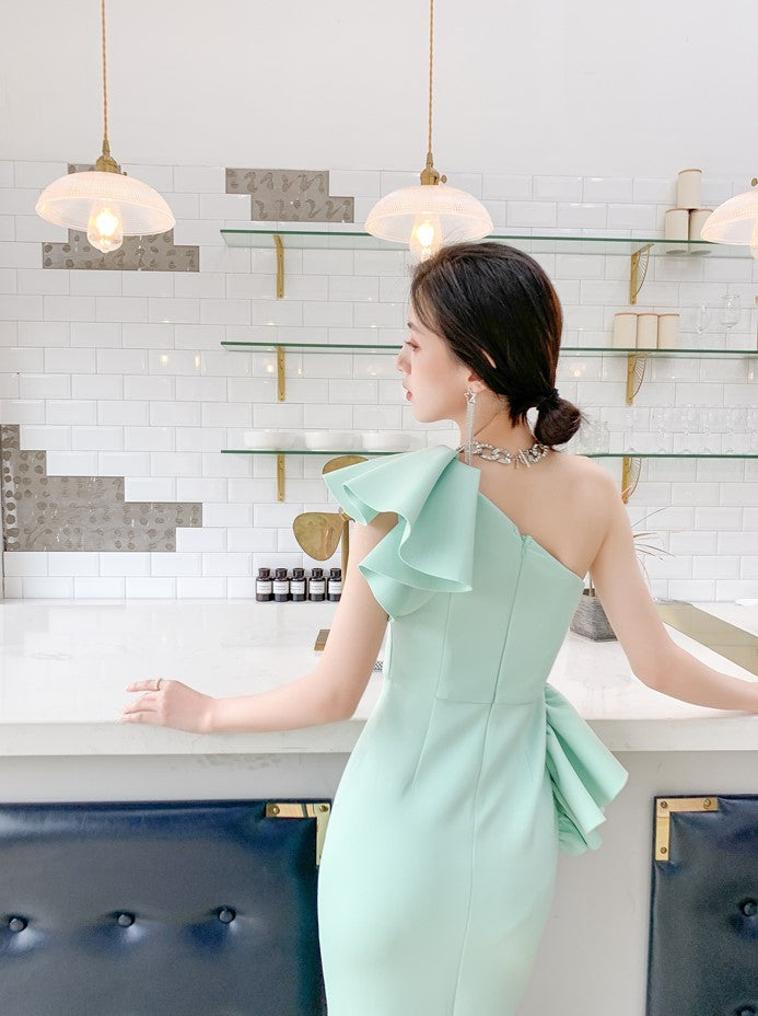 DOLLY Elegant Mint Green Slopping Shoulder Short Sleeve Long Wedding Guest Dress-RUKA