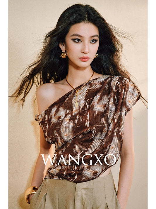 WANGXO Heavy Work Glossy Satin Hand-Pinched Pleats Slanted Shoulders Twisted Top - CERYS