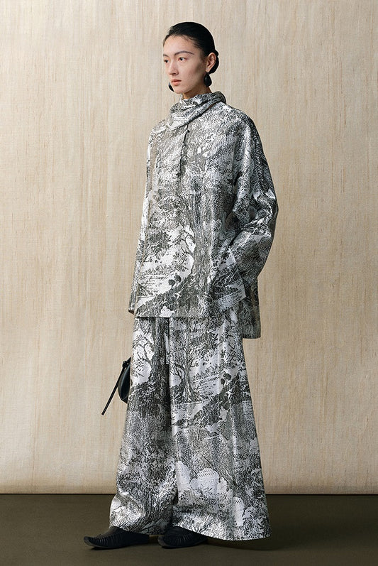 ZHUCHONGYUN bronzing fiber satin loose straight pants and top outfit set-SKYE.