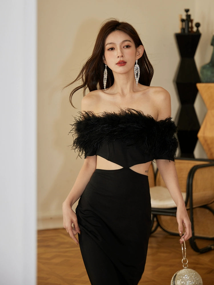 DOLLY Luxury Black Feather Tube Top Waist Baring Slim Fit Long Cocktail Dress-JAJA