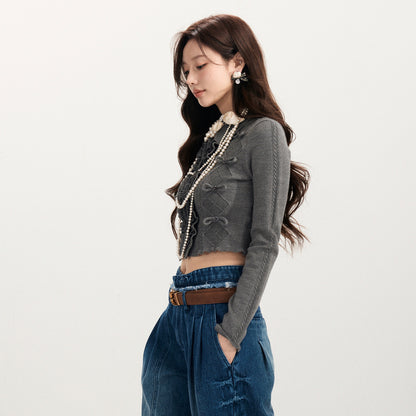 FAME bow long-sleeved knitted cardigan red sweater - ALANNA.