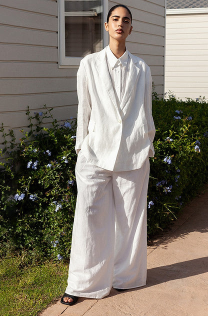 COMME MOI White Commuter Linen Notched Lapel Suit - MESSIAH.
