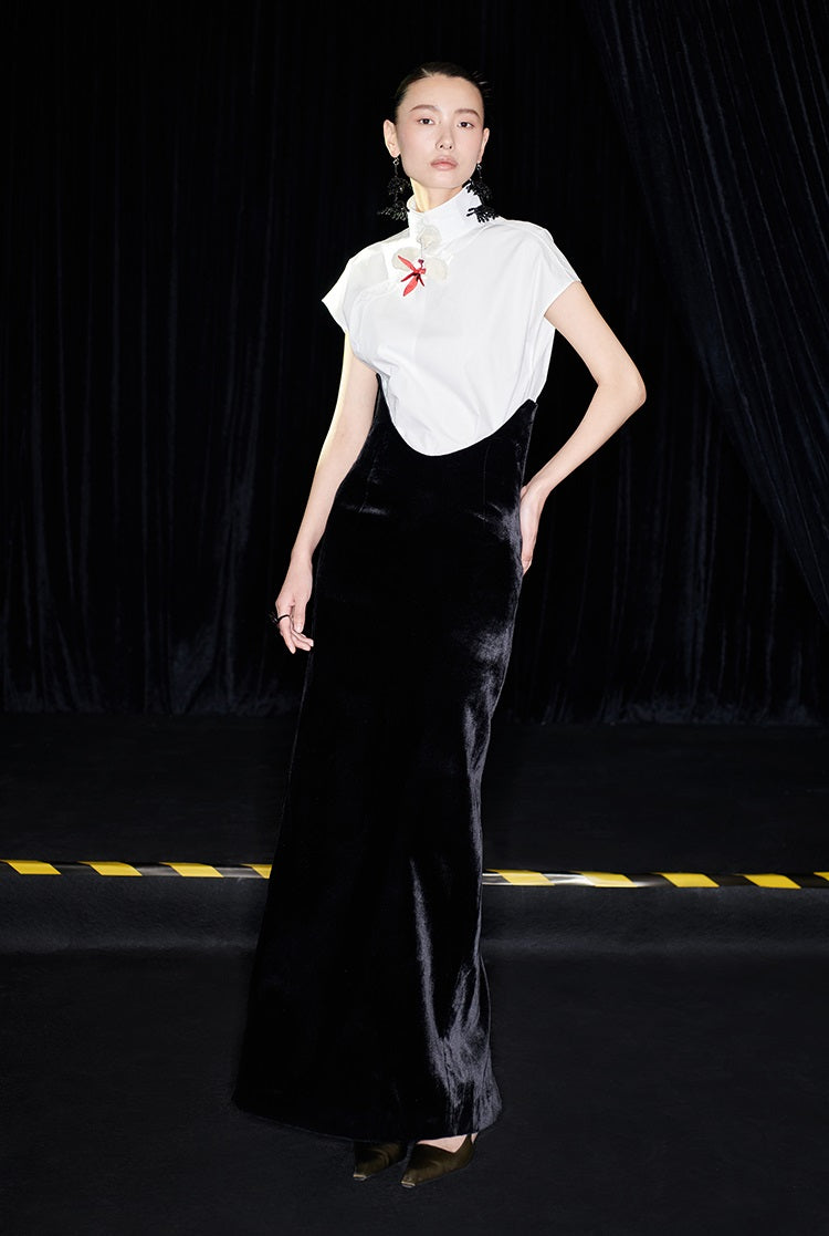 M essential Mackay designer bloom white dense cotton sleeveless stand-up collar shirt - NEON.