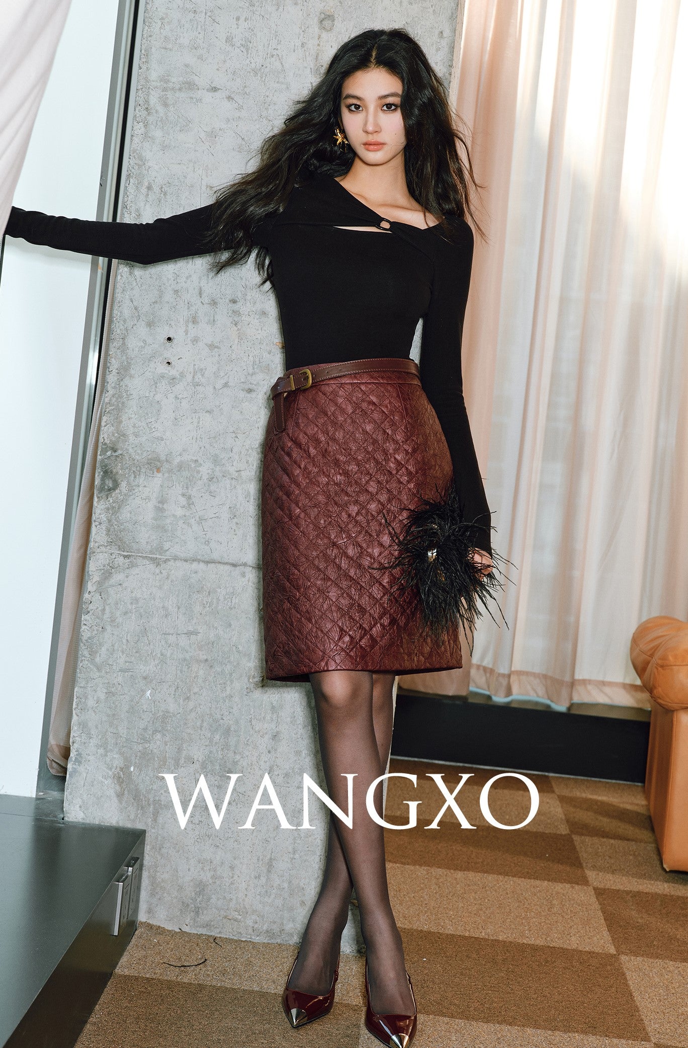 WANGXO | Raw Sheepskin-Pressed Leather High-Waisted Quilted Mini Skirt -TESA.