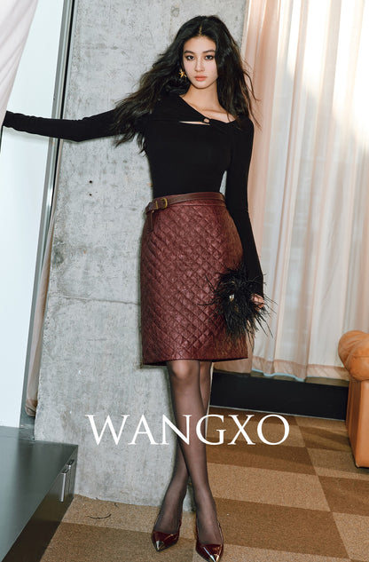 WANGXO | Raw Sheepskin-Pressed Leather High-Waisted Quilted Mini Skirt -TESA.