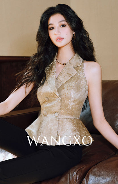 WANGXO Plum Steel Jacquard Suit-Collar Umbrella Waist Vest - VEXIS.