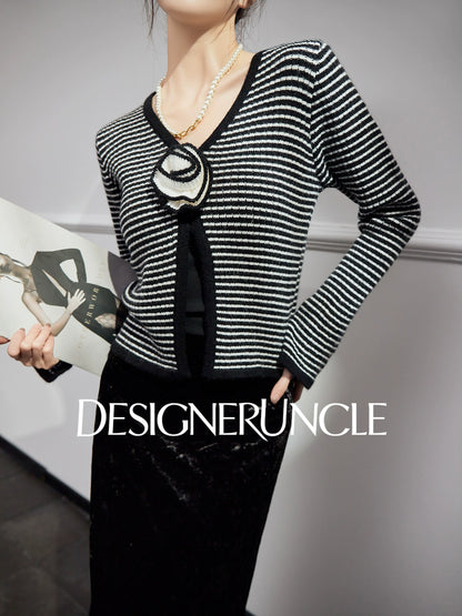 DGU "Lanxi" black knitted sweater striped French retro slimming top - IMOGEN.